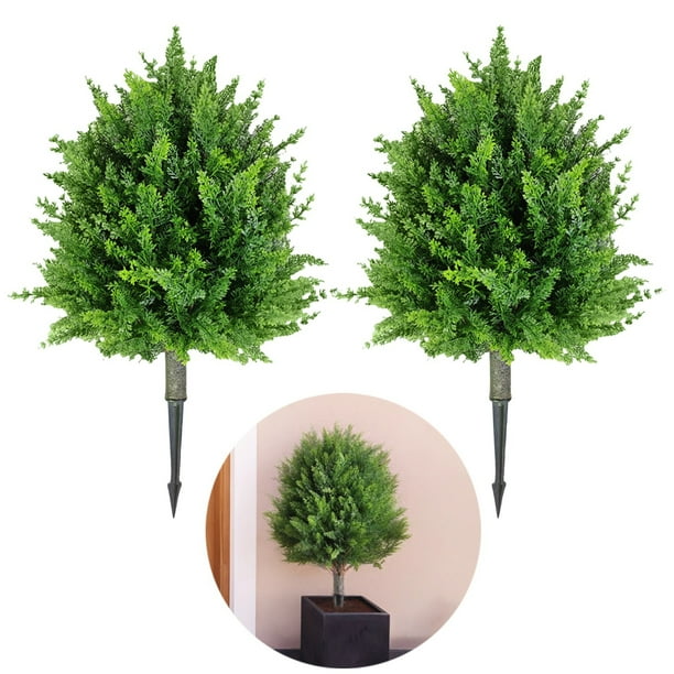 arbustos de topiario de cedro artificial, árbol de bolas de topiario de cedro realista, árbol falso de 23,6 pulgadas con estaca de tierra, arbustos artificiales de hoja perenne resistentes a la decolo
