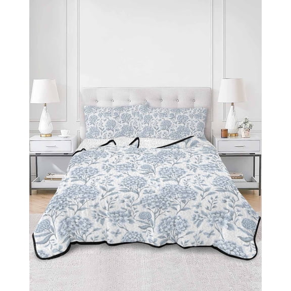 Quilts Full Size, Blue Flower Soft Comforter Bedding Set for Bed, Botanical Floral Vintage Wildflower Leaf Lightweight Quilted Bedspread with Pillow Cover(2 Pieces) for All Season, 78x90 Inch