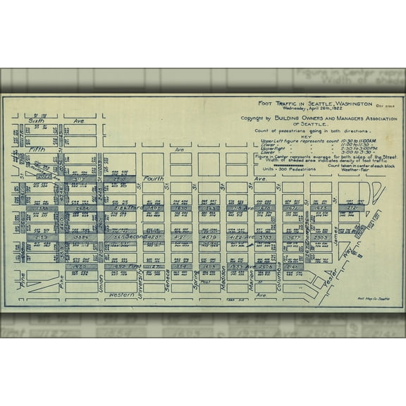 24"x36" Gallery Poster, map Foot traffic Seattle Washington April 26 1922