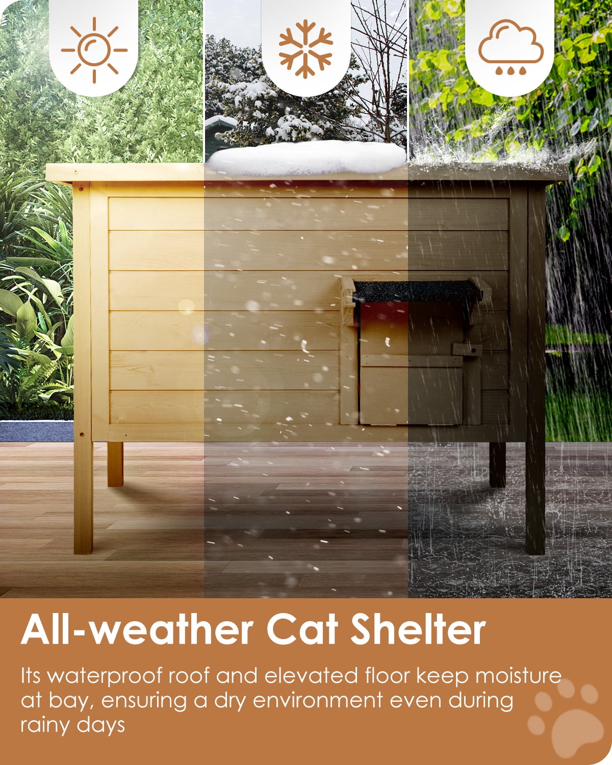 FURRYFECTION Outdoor-Cat-House, Large Wooden Weatherproof Pet House for Multiple Cats with fold-up Stair & Visible Side Window