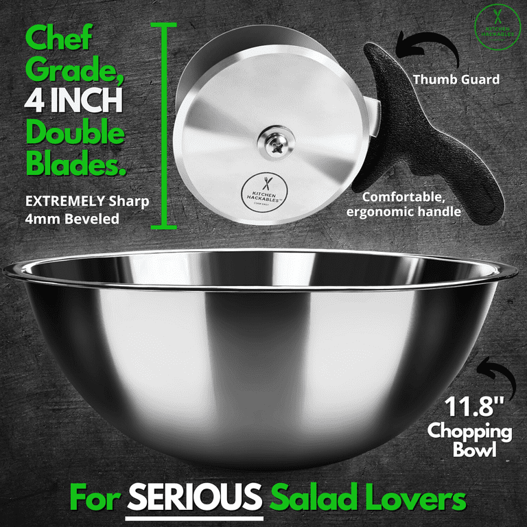 Salad Chopper Blade and Bowl – Stainless Steel Salad Cutter Bowl with Chef  Grade Mezzaluna – Ultra-Fast Salad Prep by Kitchen Hackables