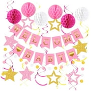 SKYSONIC 25 Pcs Shower Blue Decorations, Welcome Banner with Glitter Stars, Hanging Swirls, Honeycomb Balls, Circle Dots Garland for Gender Neutral Reveal Party Decor