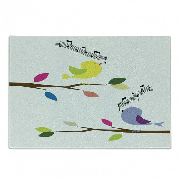 Birds Cutting Board, Colorful Birds Singing on Tree Best Happiness Mascots Humor Illustration, Decorative Tempered Glass Cutting and Serving Board, Small Size, Multicolor, by Ambesonne
