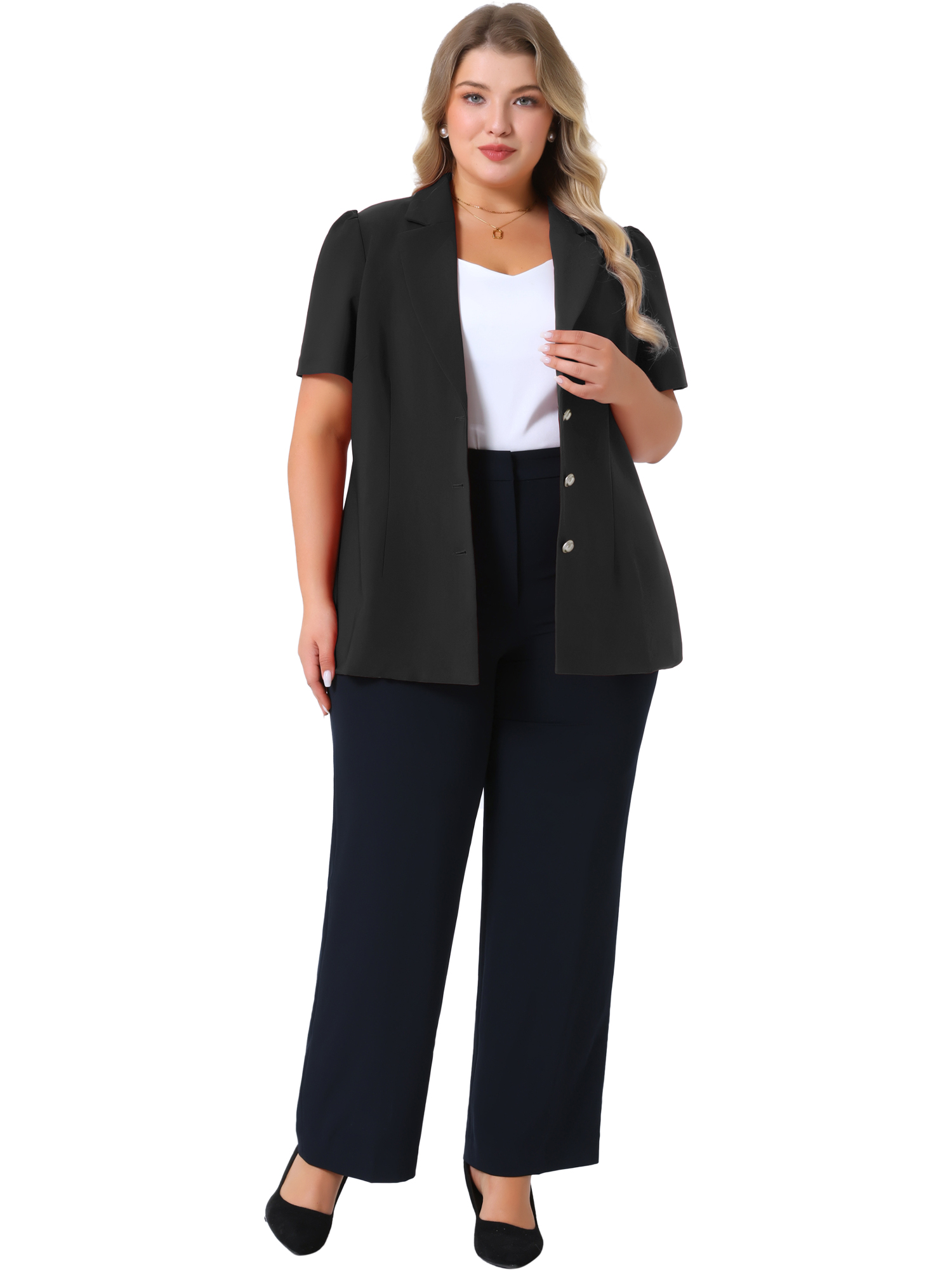DARING DIVA Women's Plus Short Puff Sleeve Notched Lapel Blazer Jackets Black 1X
