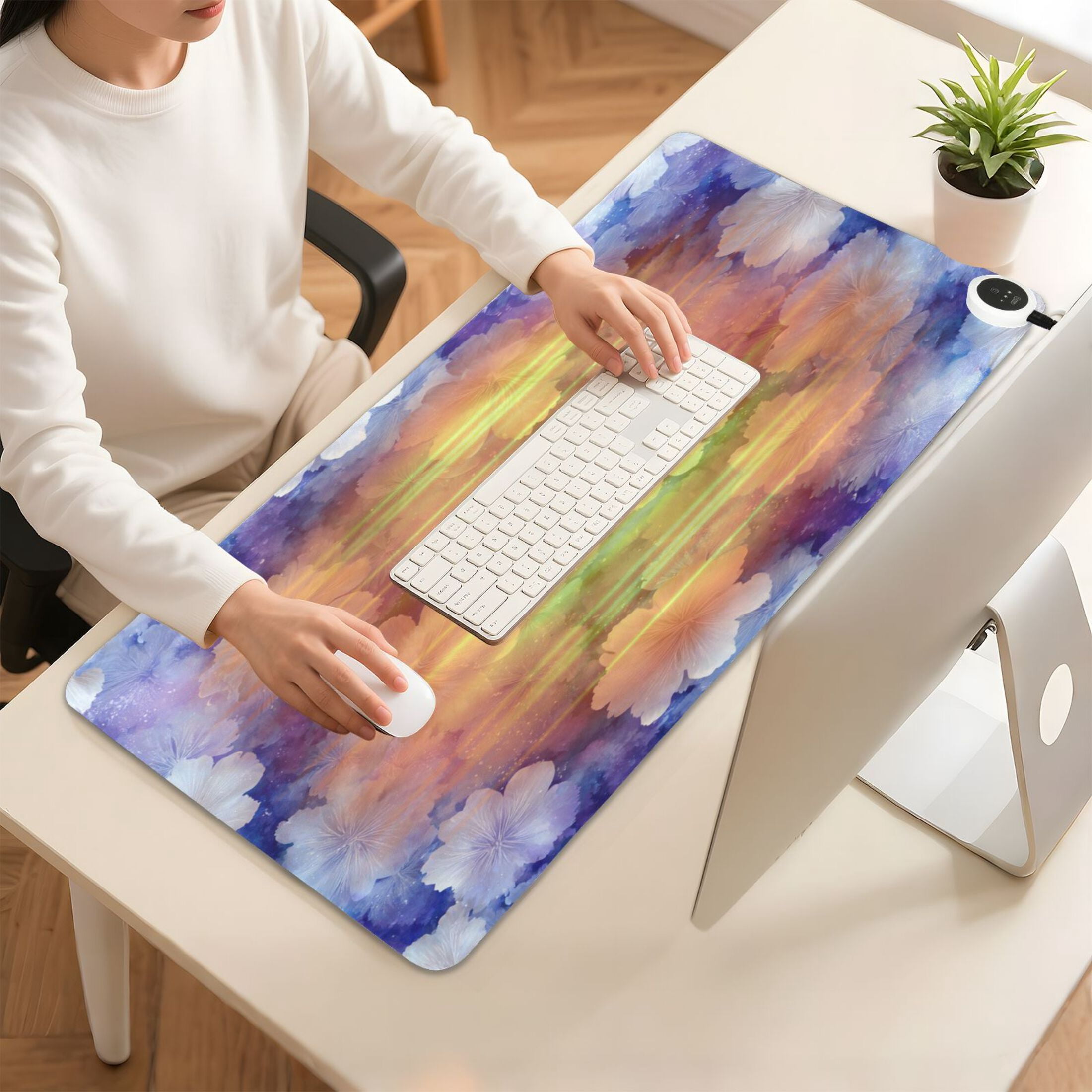 Large Heated Desk Mat Mouse Pad 31.5"x13"PU Leather Graphene Heating Desk Warmer with 3 Temperature Settings 110V US Plug Non-Slip Warm Pad for Home, Office, and Gaming Starry Watercolor Floral Print