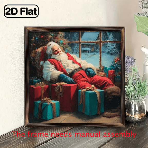 2D Flat, 1pc Vintage Christmas Santa Claus Painting - 8x8 Inch Framed Wooden Wall Art with Red Golden Accents, Rustic Farmhouse Style, Perfect for Bathroom, Bedroom, Cafe, Christmas Decorations