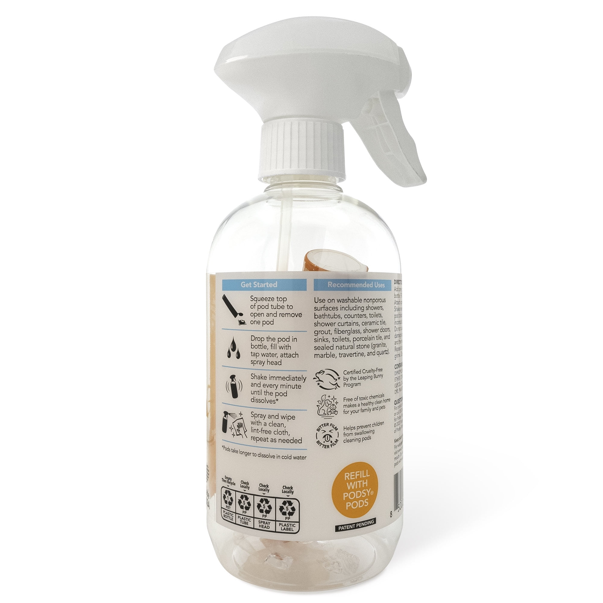 Podsy Bathroom Cleaning Set, Orange Blossom Scent, 16 fl oz Bottle and 3 Refill Pods Make 48oz, Just Add Water