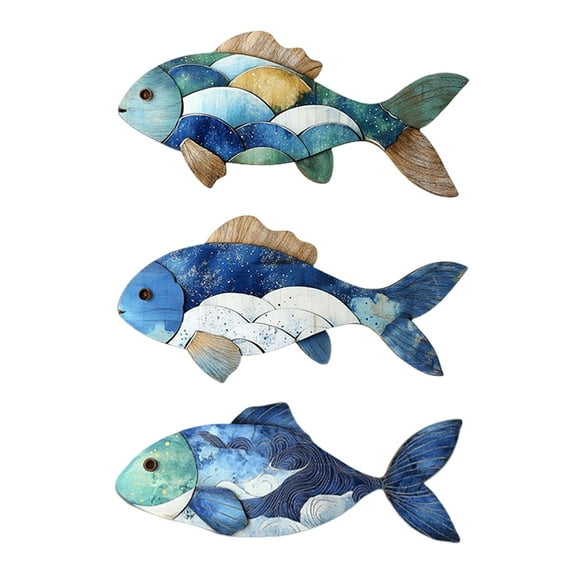 Eosunjian Ocean Themed Wall Decorations Nautical Wooden Wall Decor 3/4pcs Set Wooden Fish Wall Decoration Rustic Nautical Shell Starfish Wall Art for Home Room
