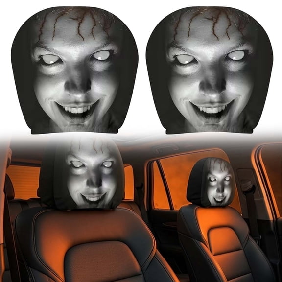 2 PCS Scary Face Headrest Covers for Cars, Snug Fit Halloween Car Headrest Covers, Breathable Stretch Polyester Ghost Face Auto Seat Headrest Protectors for Cars, SUVs, Trucks & Vans