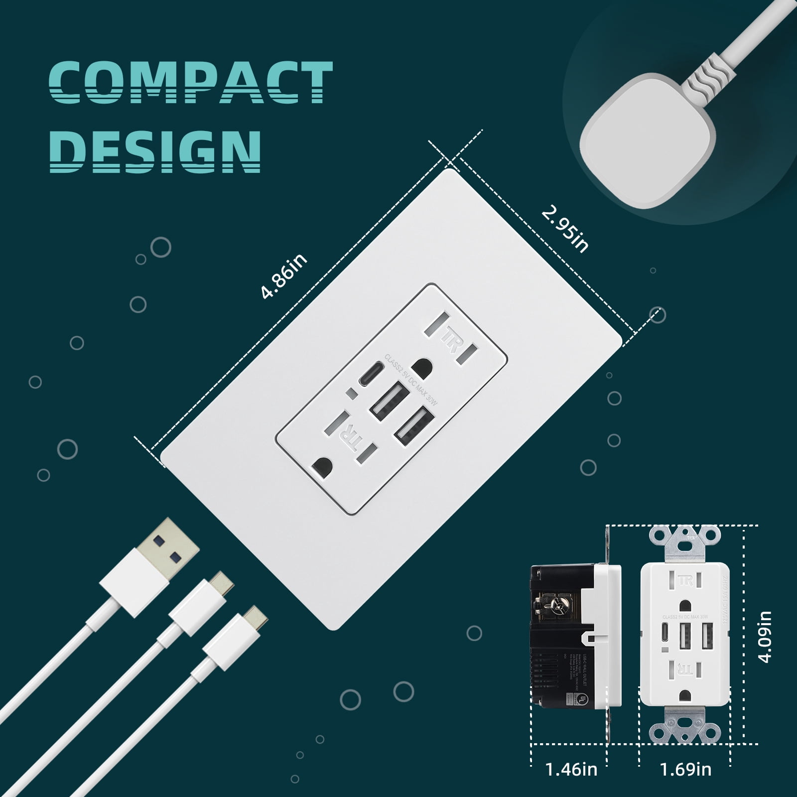 TOPELER 15A Tamper Resistant USB Outlet with 3 Ports (6.0A Total), Includes Screwless Wall Plate, UL & FCC Listed, White, 2 Pack