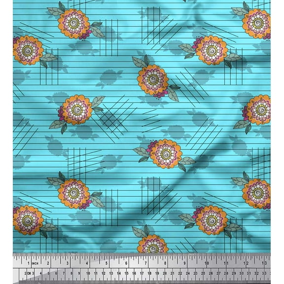 Soimoi Blue Cotton Voile Fabric Artistic Floral & Stripe Print Fabric by the Yard 42 Inch Wide