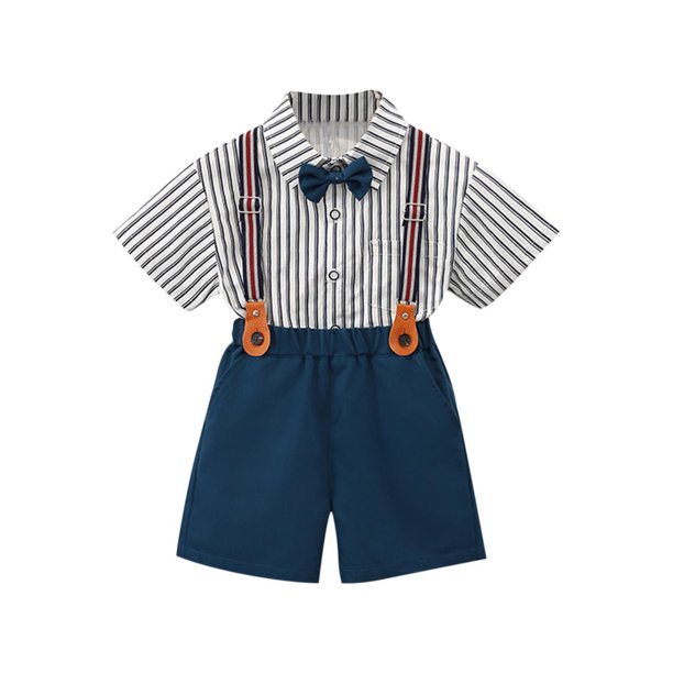 Odeerbi Chicos 4 Piezas Caballero Traje Formal Preppy Vestido de Manga Corta Camisa de Vestido + Traje Pantalones Cortos + Colgantes + Corbata Colegial Conjunto de Uniforme
