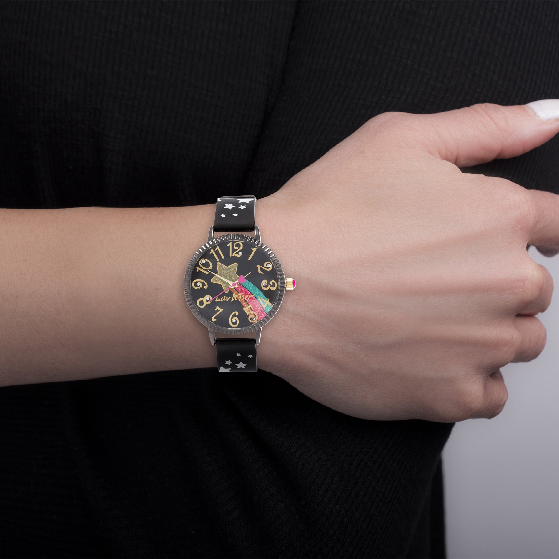Luv Betsey Women's Black Dial with Multicolor Glitter on Black Case and Silicone Strap Watch