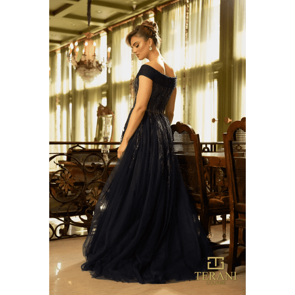 Women's Terani Couture 242m3347 Tulle Off Shoulder Sweetheart Ballgown Dress Navy Blue 2