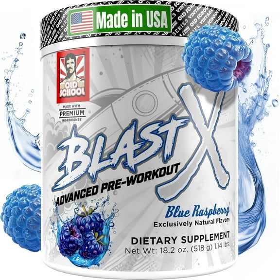 Old School Labs | Blast X Advanced Pre Workout Powder, Intense Energy Booster Preworkout for Men & Women - Blue Raspberry
