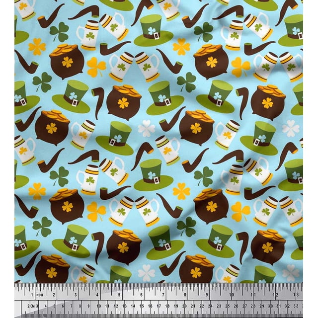 Soimoi Crepe Silk Fabric Coin Pot & Cups Fabric Prints by Yard 42 Inch Wide