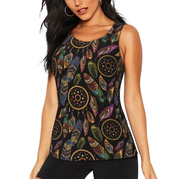 Balery Decorative Feathers Camiseta sin mangas estampada ligera para mujer, tops de entrenamiento sin mangas, camisetas de yoga transpirables de secado rápido.-Large
