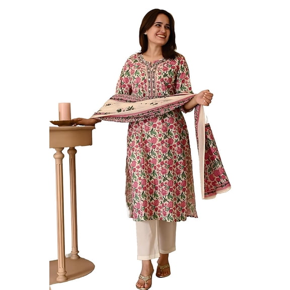 KLOSIA Women Printed Straight Kurta and Pant Set with Dupatta - Indian Ethnic Traditional Wear Kurta Set