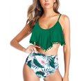 thumbnail image 4 of Women High Waisted Bikini Ruffle Swimsuit Flounce Pom Pom Trim Two Piece Bathing Suit Green Floral (M, 4 of 6