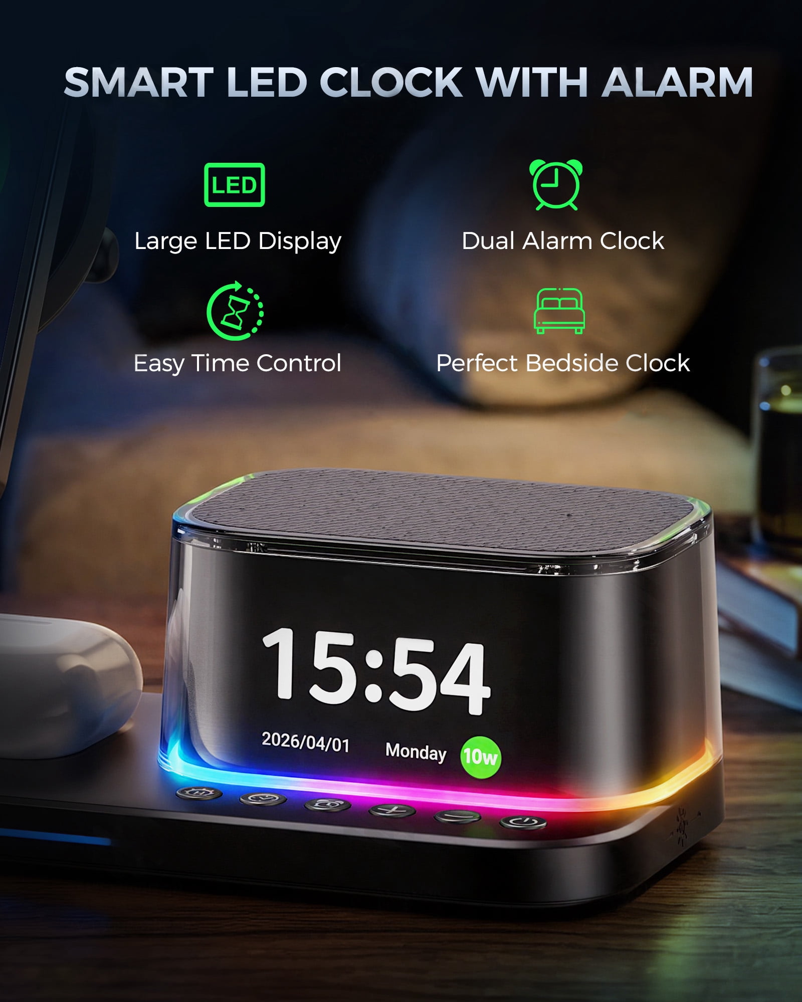 5 in 1 Wireless Charging Station with Alarm Clock, Bluetooth Speaker & Ambient Light, 45W GaN Fast Charger Included, 25W Magnetic Charger for Phone Earbuds Watch, Office & Bedside and Travel