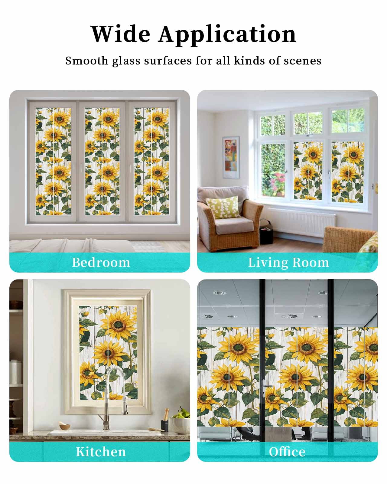 Window Privacy Film Rustic Sunflowers Stained Glass Window Film Decorative Sun Block Window Cover Farmhouse Botanical Flowers Wood Grain Window Clings Static Adhesive Sticker for Bathroom 23.6"x78.7"