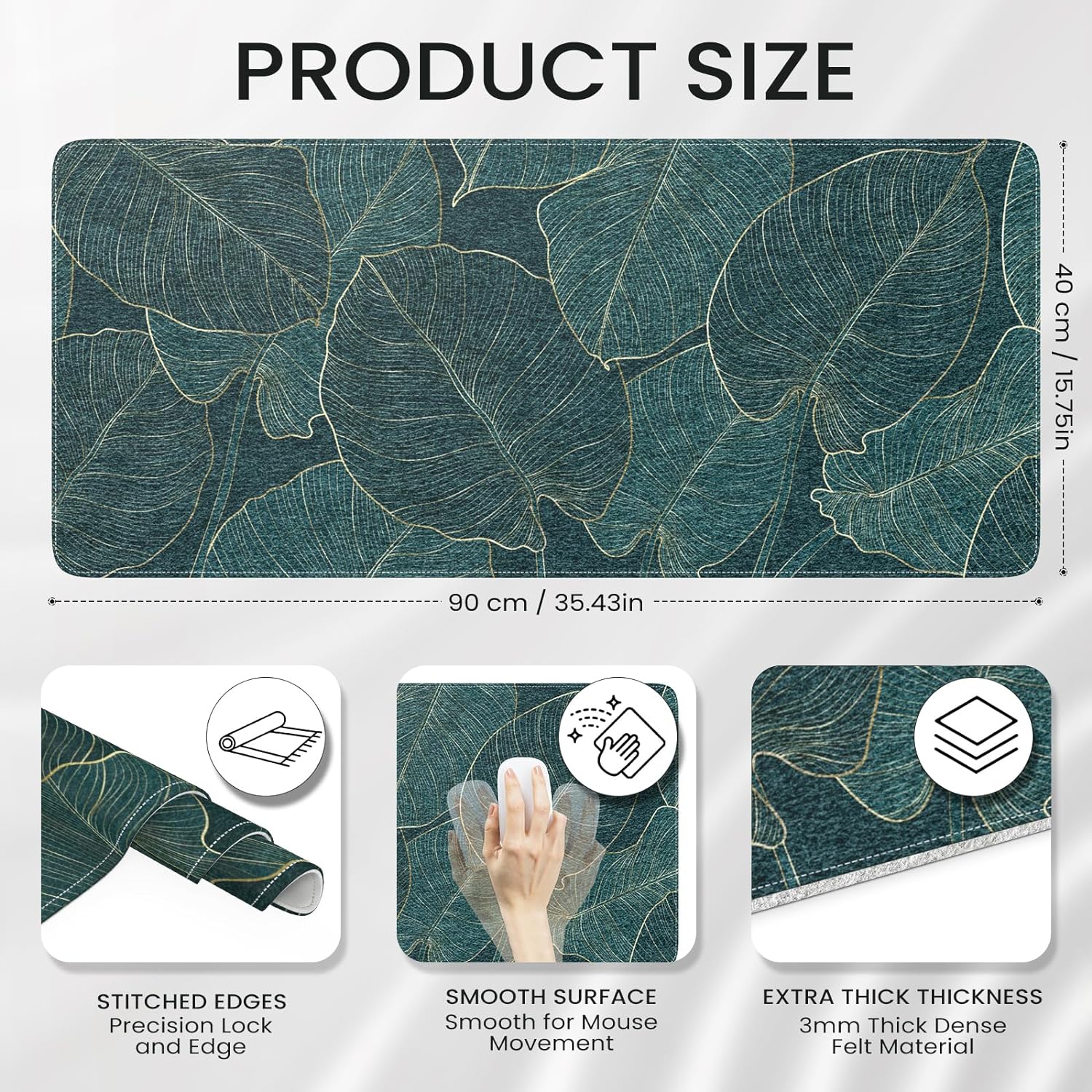 Felt Desk Mat, XXL Large Mouse Pad Desk Pad, Gaming Mousepad, Non-Slip Base, No Any Smell Desk Protector Cover Mat for Computer Keyboard Work Game Office Home-Green Leaf
