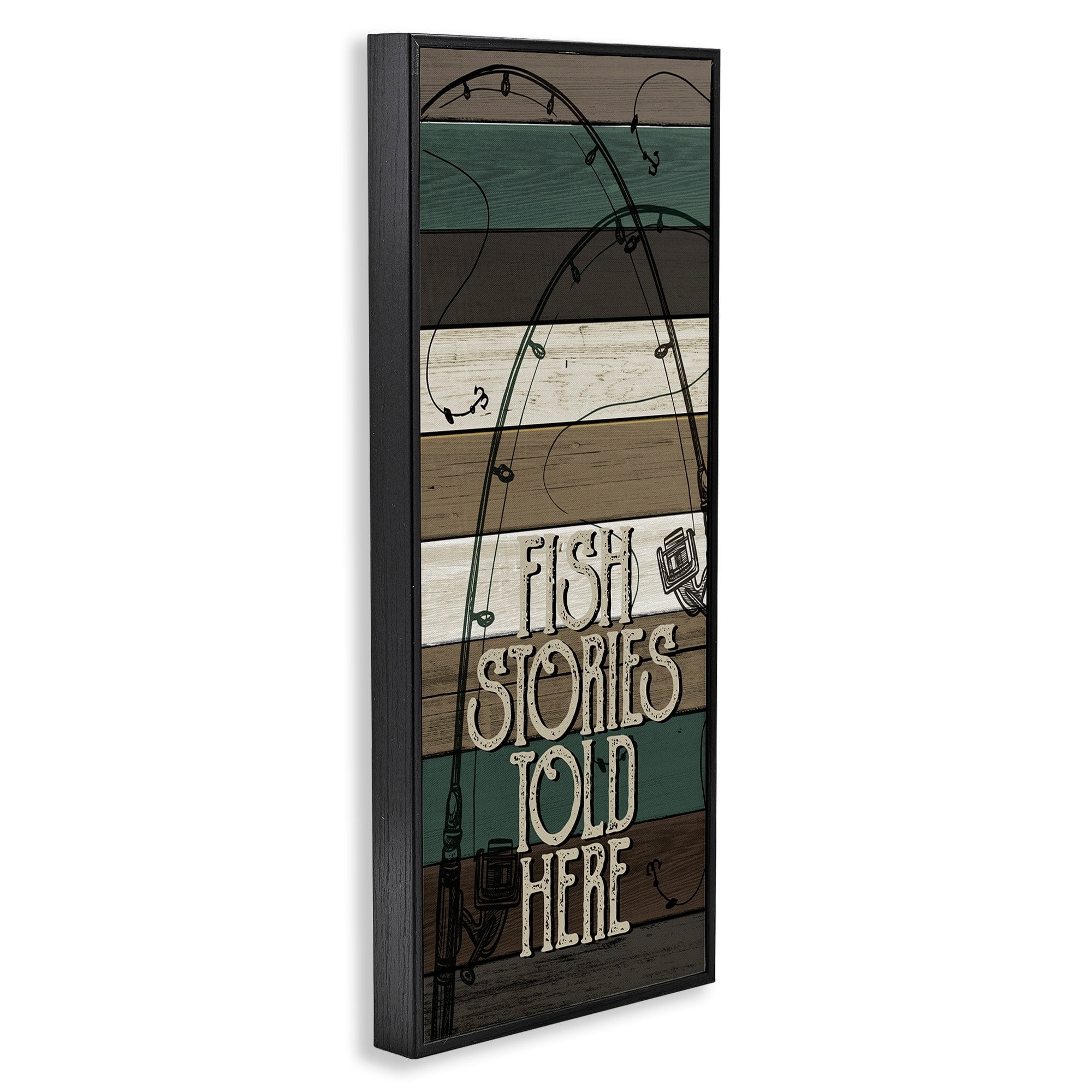 Stupell Industries Fish Stories Sold Here Sign Rustic Fishing Rods Graphic Art Black Framed Art Print Wall Art, 13x30, by Kim Allen