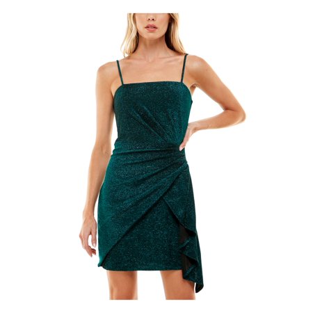 TRIXXI Womens Green Glitter Zippered Adjustable Straps Sleeveless Square Neck Above The Knee Party Faux Wrap Dress XXS