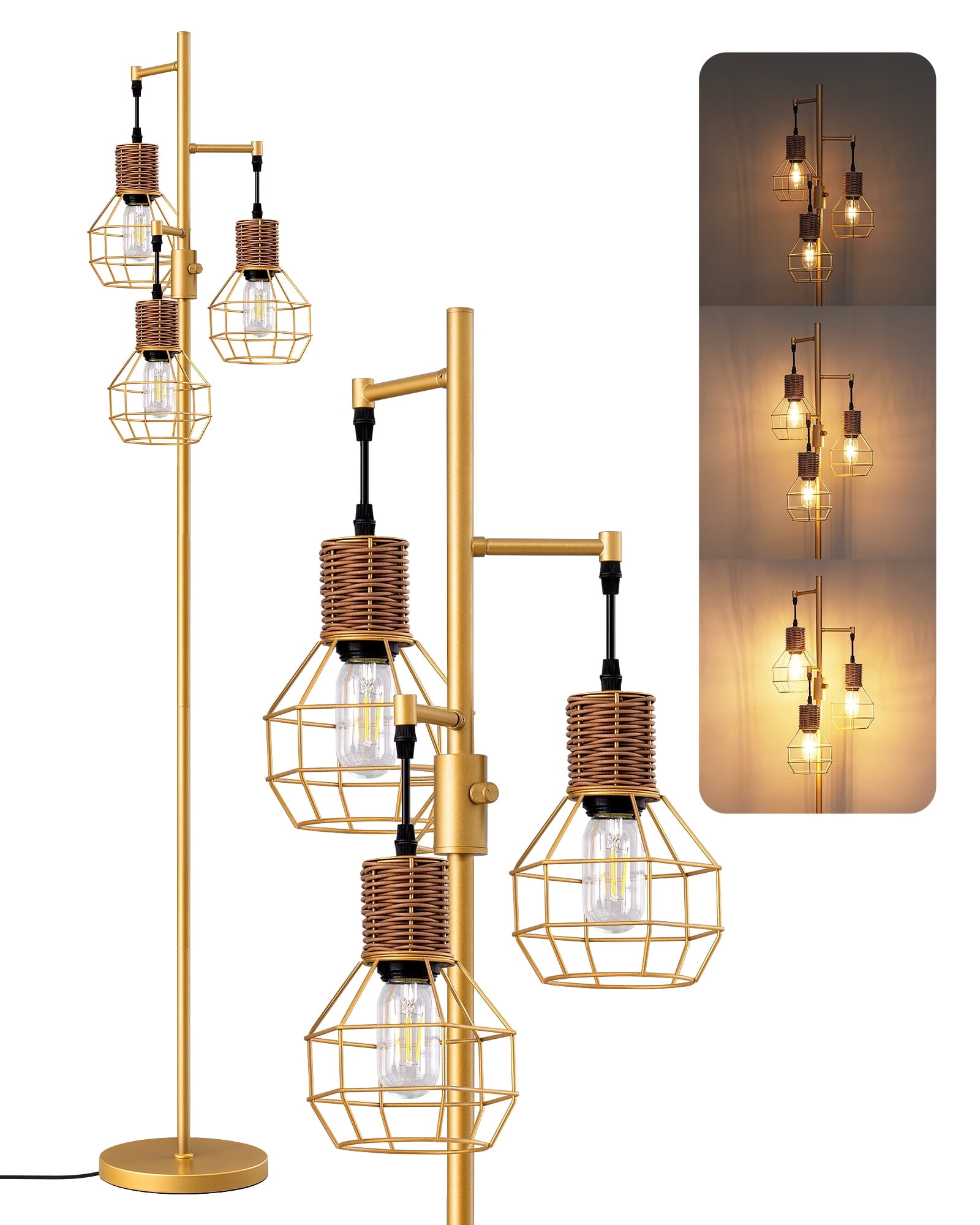 EDISHINE 64.7inch Industrial Gold Floor Lamps for Living Room Clearance, Dimmable, Metal Tree Standing Lamps for Bedroom, Office, LED Light Bulbs Included, Gold
