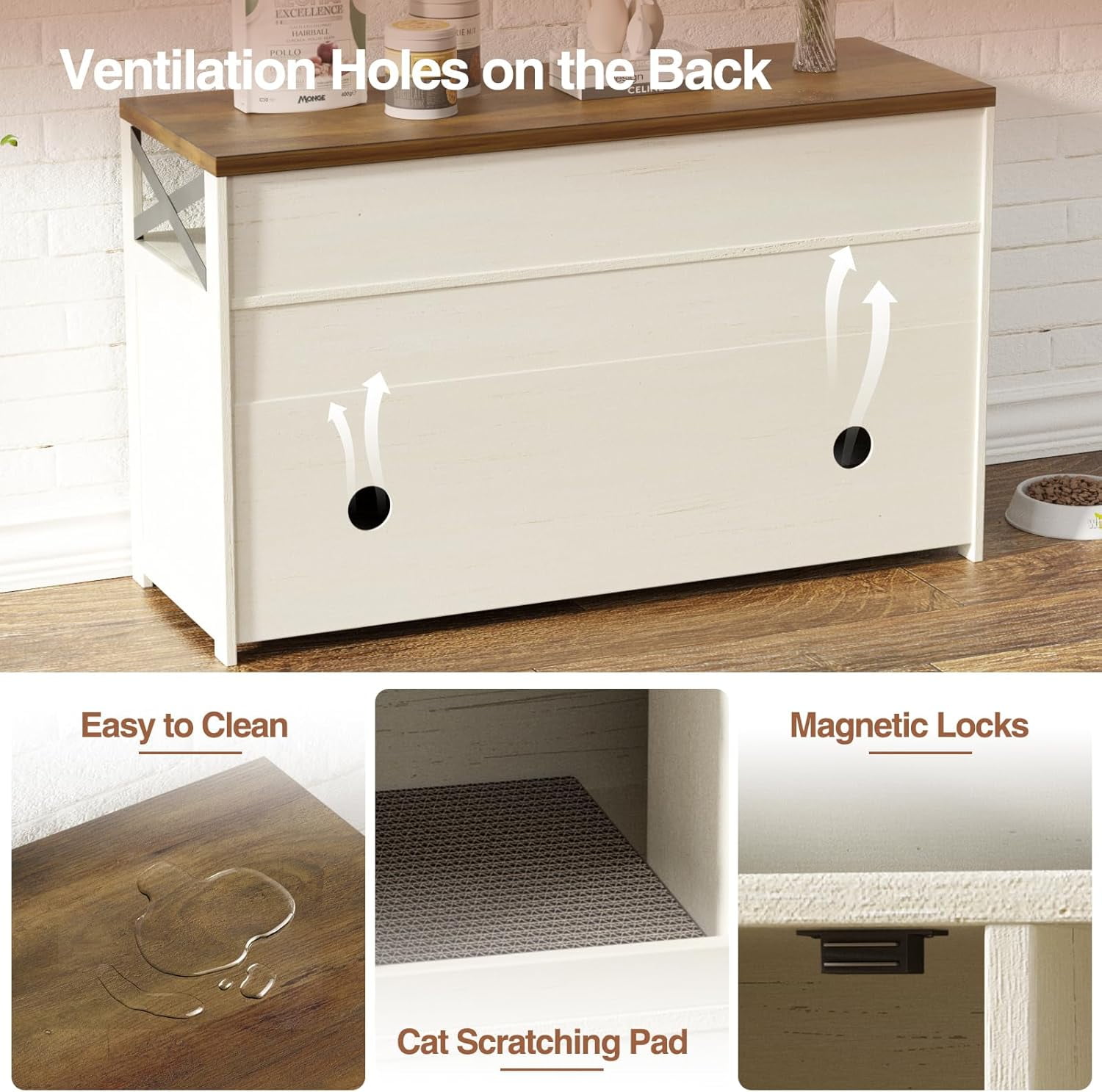VEANERWOOD 47" Large Wood Cat Litter Box Enclosure, Hidden Cat House Washroom Furniture with Scratch Pad and Storage Shelf