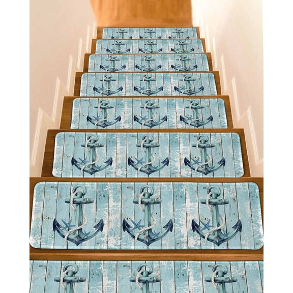 Summer Ocean Anchor Stair Treads Vintage Nautical Sea Green Anchor Starfish Wood Grain Indoor Non Slip Peel and Stick Stair Treads for Wooden Steps 4 PCS, Soft Adhesive Staircase Mats 8"x30"