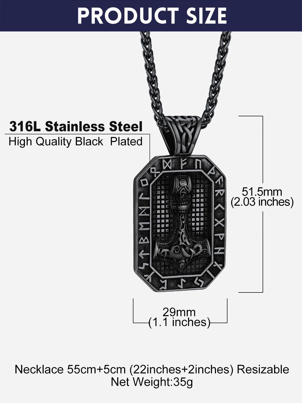 Bandmax Mens Black Nordic Dog Tag Pendant Necklace with Viking Runes Stainless Steel Thors Hammer Necklaces Chain Gift for Men
