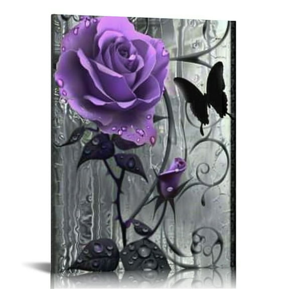 Chilfamy Purple Roses Butterflies Canvas Wall Art ,Premium Canvas Prints Framed Black and White Pictures Painting Wall Decor for Living Room Bedroom Bathroom Kitchen Office (16x20 in/12x16 in