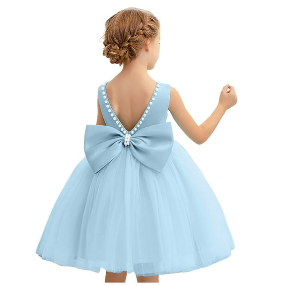 CAICJ98 Flower Girls Dress Wedding Satin Dresses Princess Birthday Party Prom Ball Gown for Toddler Kids Blue,5-6 Years
