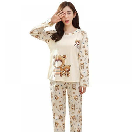

Women Pajamas Cute Christmas Bear Sleepwear Long Sleeve Stripes Loungewear