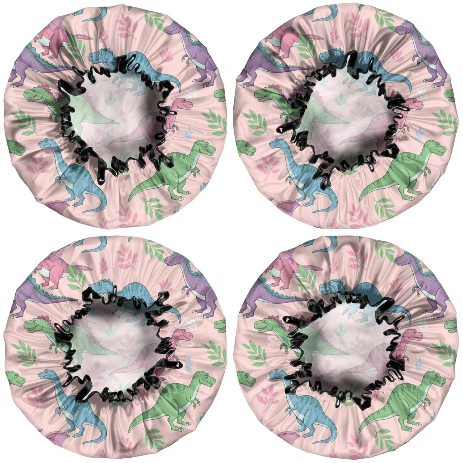 Shower Caps,Pink Cartoon Dinosaurs Leaves Pattern Waterproof Shower Cap for Women 4 Pieces,Double Reusable Hair Cover for Shower PEVA Elastic Stretch Hem