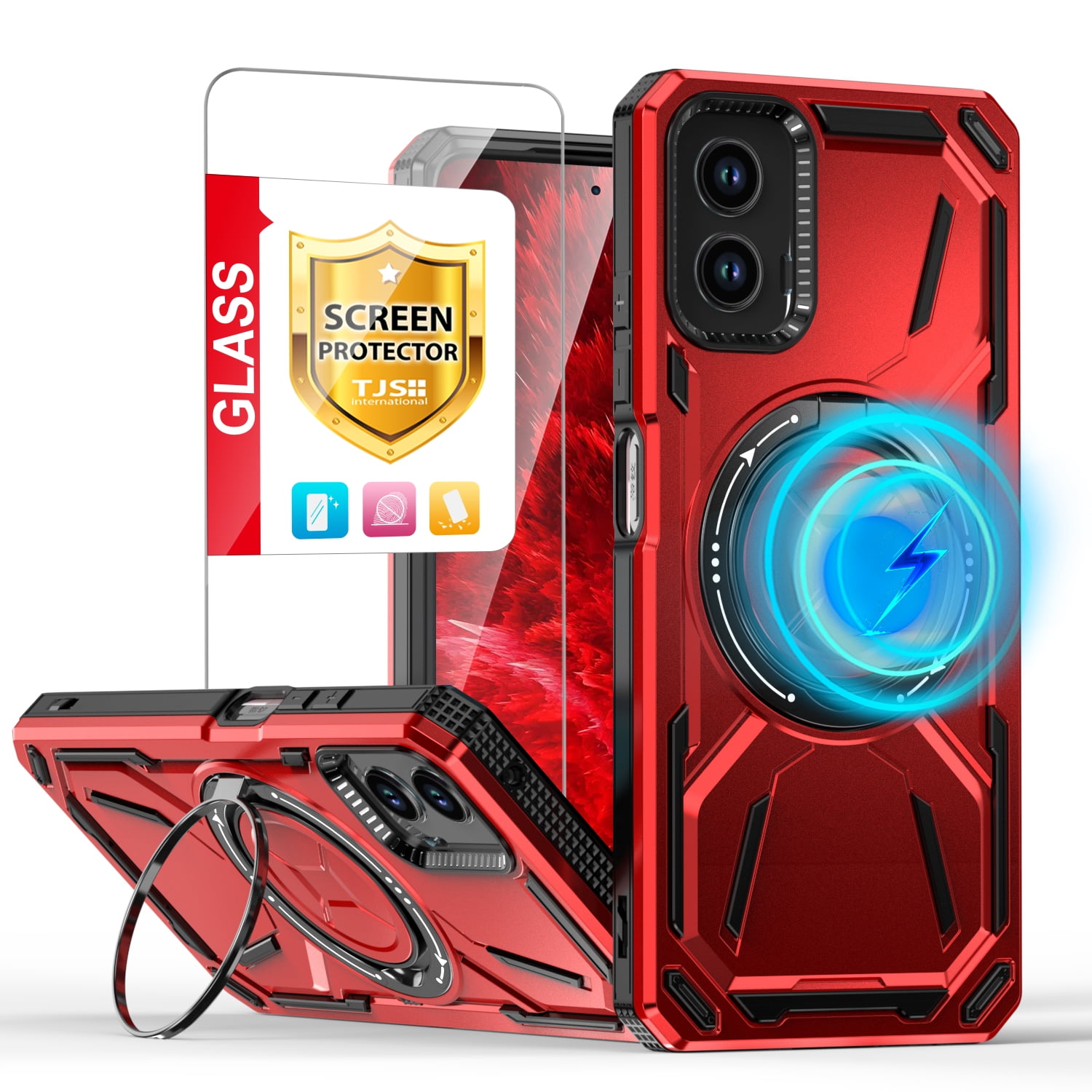TJS for Motorola Moto G 5G 2024 Phone Case, with Tempered Glass Screen Protector, [Military Grade] Metal Circle Ring Magnetic Support Kickstand Drop Protector Cover for Moto G 5G 2024 (Red)