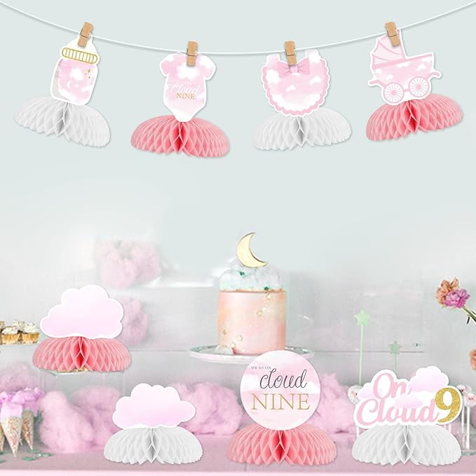 On Cloud 9 Baby Shower Party Table Decorations 8pcs Cloud Baby Shower Honeycomb Centerpiece Double-sided Printing Pink Baby Shower Centerpieces for Tables Girl Cloud Nine Party Decorations