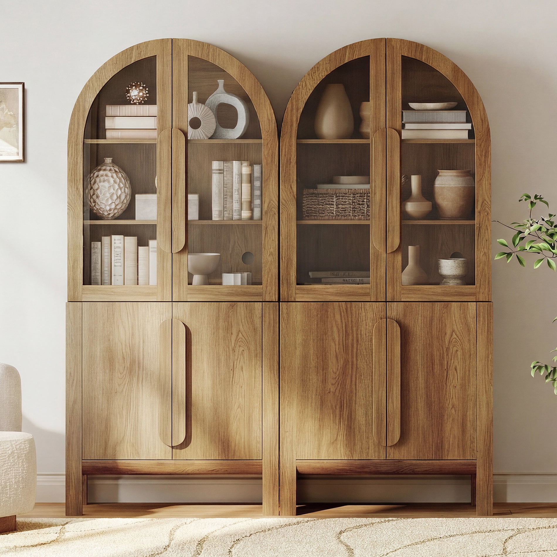 71"H Arched Bookshelf Set of 2, Modern 3 Tier Bookcase with Cabinet, Wooden Display Cabinet with Glass Doors and Adjustable Shelves, Versatile Bookshelf for Living Room, Study, Office