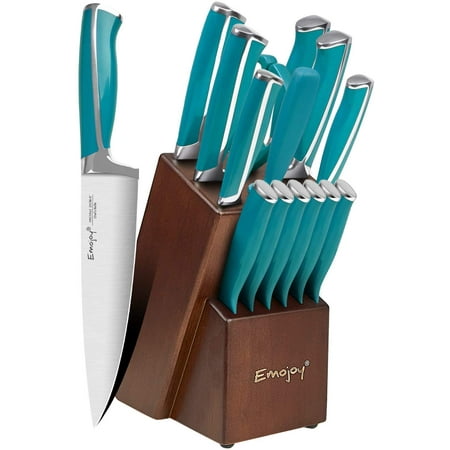 

Knife Set 15-Piece Kitchen Knife Set with Block Wooden Lake Blue Handle for Chef Knife Set Kitchen Knives Sharpener and Scissors German Stainless Steel
