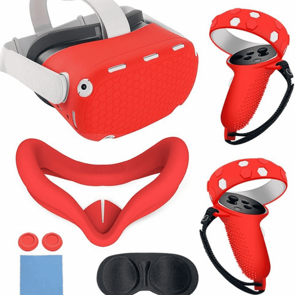 VR Cover Accessories Set For Quest 2 - Silicone Shell, Controller Grips, Face Cover, Button Caps, Lens Cover Glasses Cloth Set