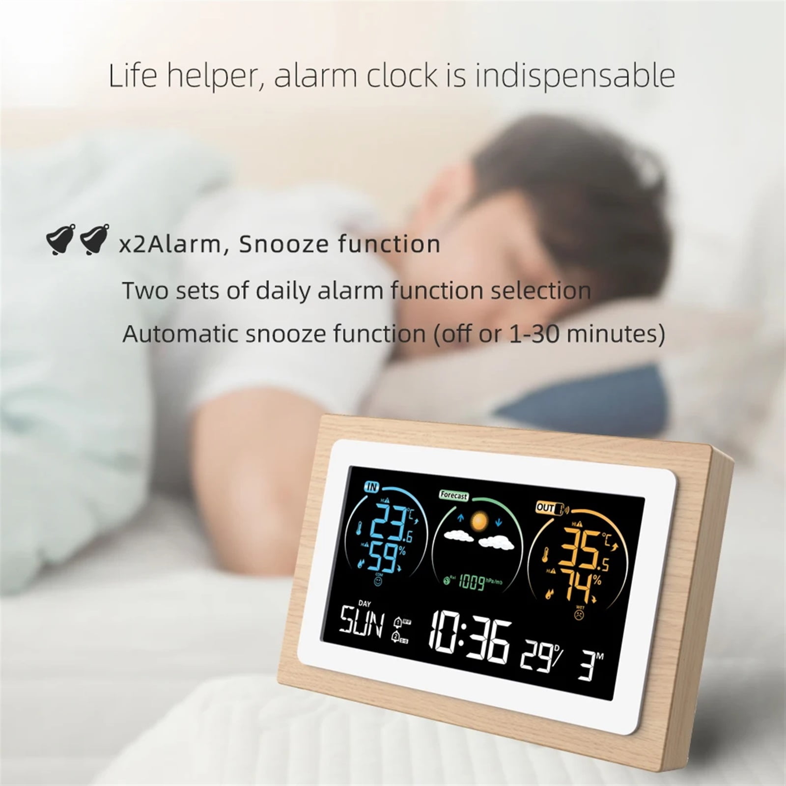FJ3399C Wireless Weather Station Outdoor Indoor Sensor Thermometer Hygrometer Digital Snooze Alarm Clock Barometer Forecast ,High Precision