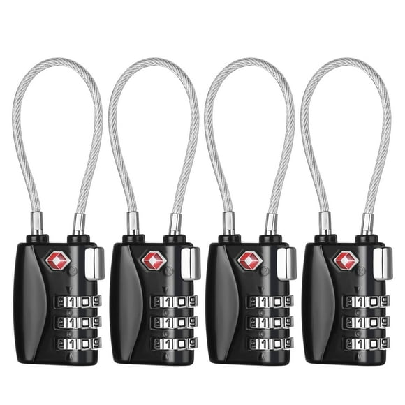 ZHEGE TSA Approved Luggage Locks, 4 Pack, Travel Padlocks, 3 Digit Cable Locks for Baggage, Suitcase, Gym Lockers (Black)