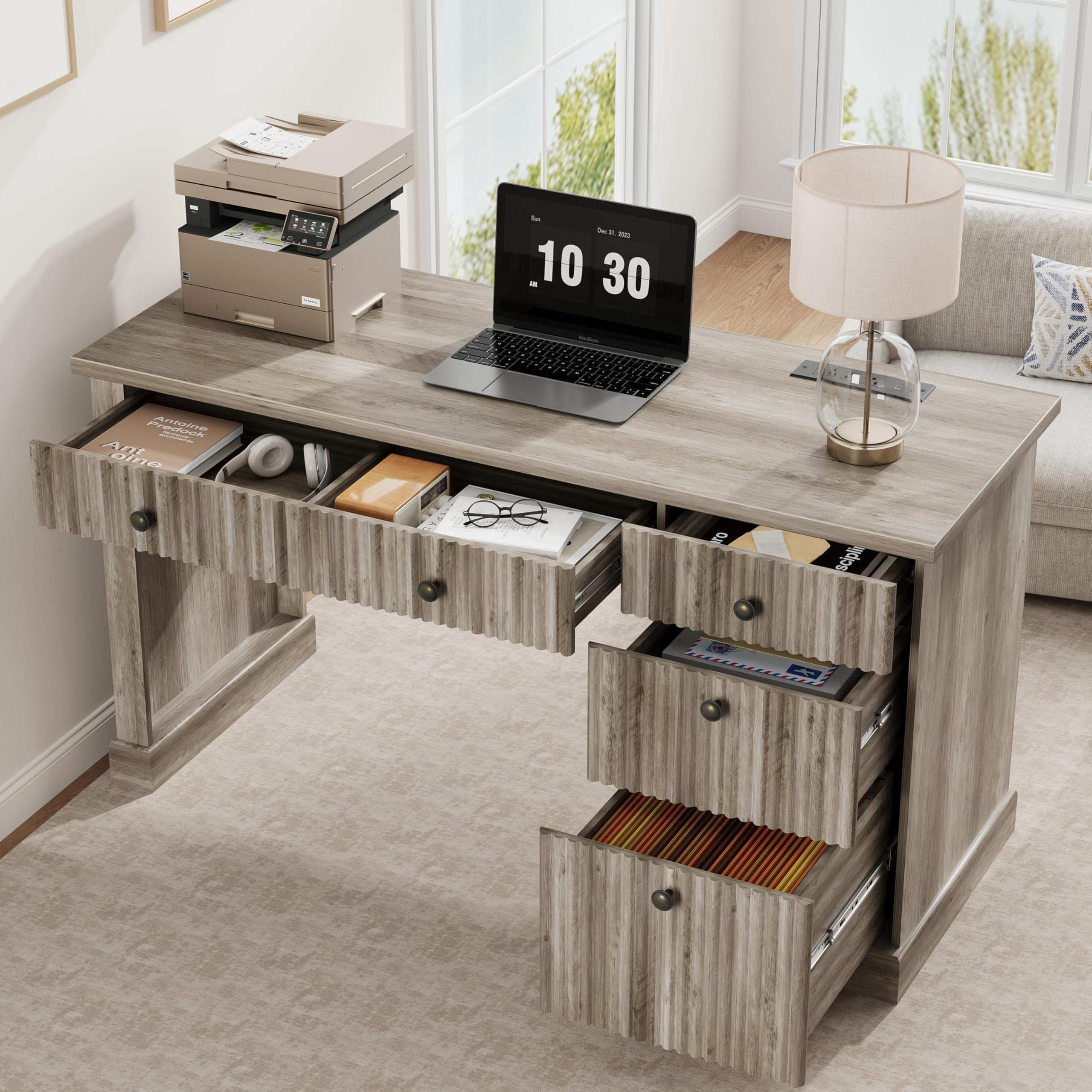 Garvee 54" Wood Executive Desk with Fluted Details & Charging Station – Home Office Computer Desk with File Drawers for Study, Living Room or Bedroom-Gray