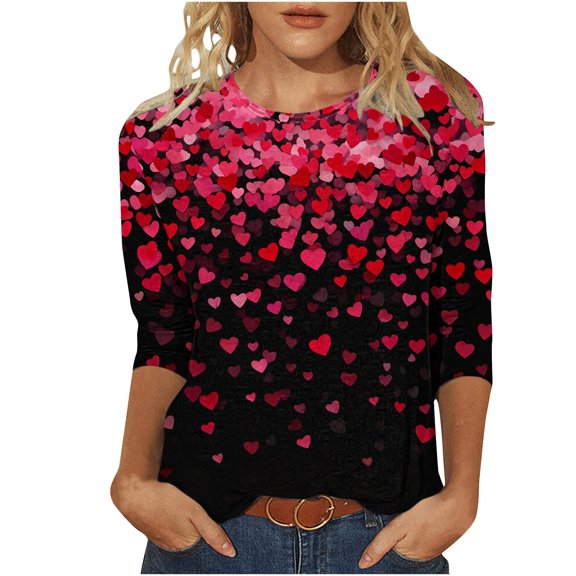 Womens 3/4 Sleeve Tops Plus Size Casual Day Printed Round Neck Three Quarter T-shirt Loose Shirts