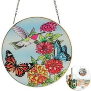 Hummingbird & Butterfly Suncatcher, Stained Glass Window Hanging, Colorful Suncatcher for Window with Chain and Hook, 6 Inch Glass Panel Sun Catcher for Indoor Outdoor Spaces