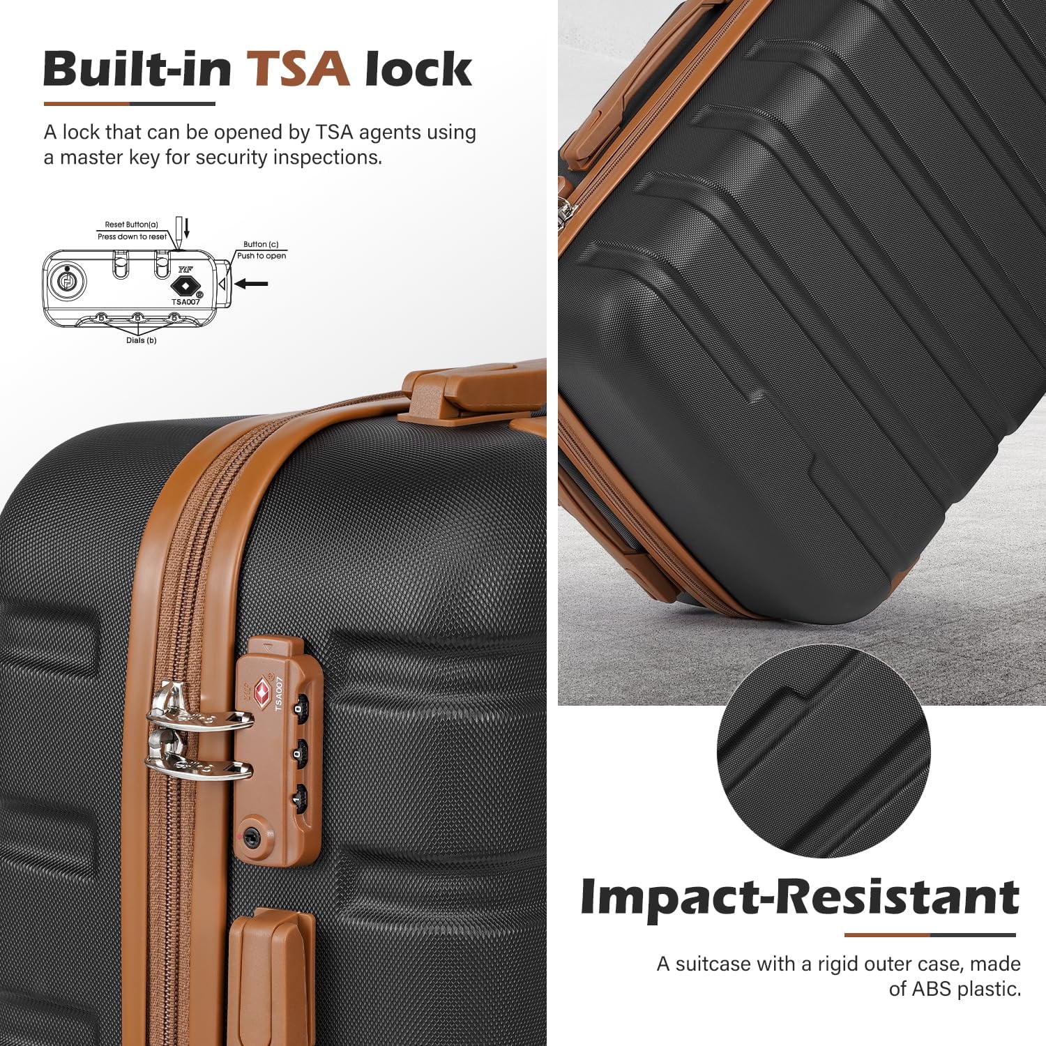 Coolife Luggage Suitcase Spinner Hardshell Lightweight TSA Lock (apricot black,16/20/24/28)