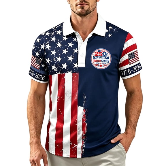 Homeyce Men's American Flag Polo Shirt Us 250th Anniversary 4th Of July Golf Shirts Short Sleeve Usa Flag Print Polo T-Shirts Button Up Independence Day Patriotic Outfit,Blue S