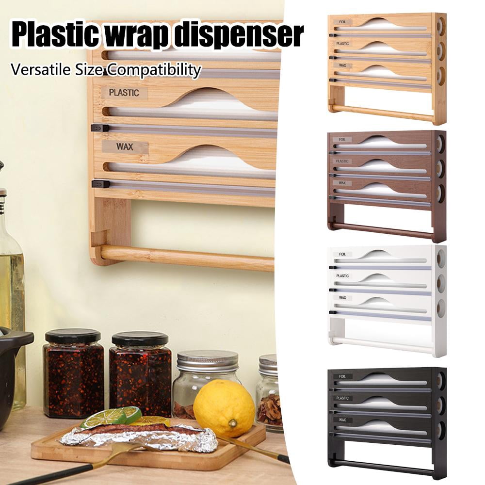 Pekkaxy Bamboo Cling Film Dispenser, 14.24 x 11.70 x 2.93 in, 3-Slot Organizer with Paper Towel Holder, for Efficient Kitchen Food Wrap and Meal Prep