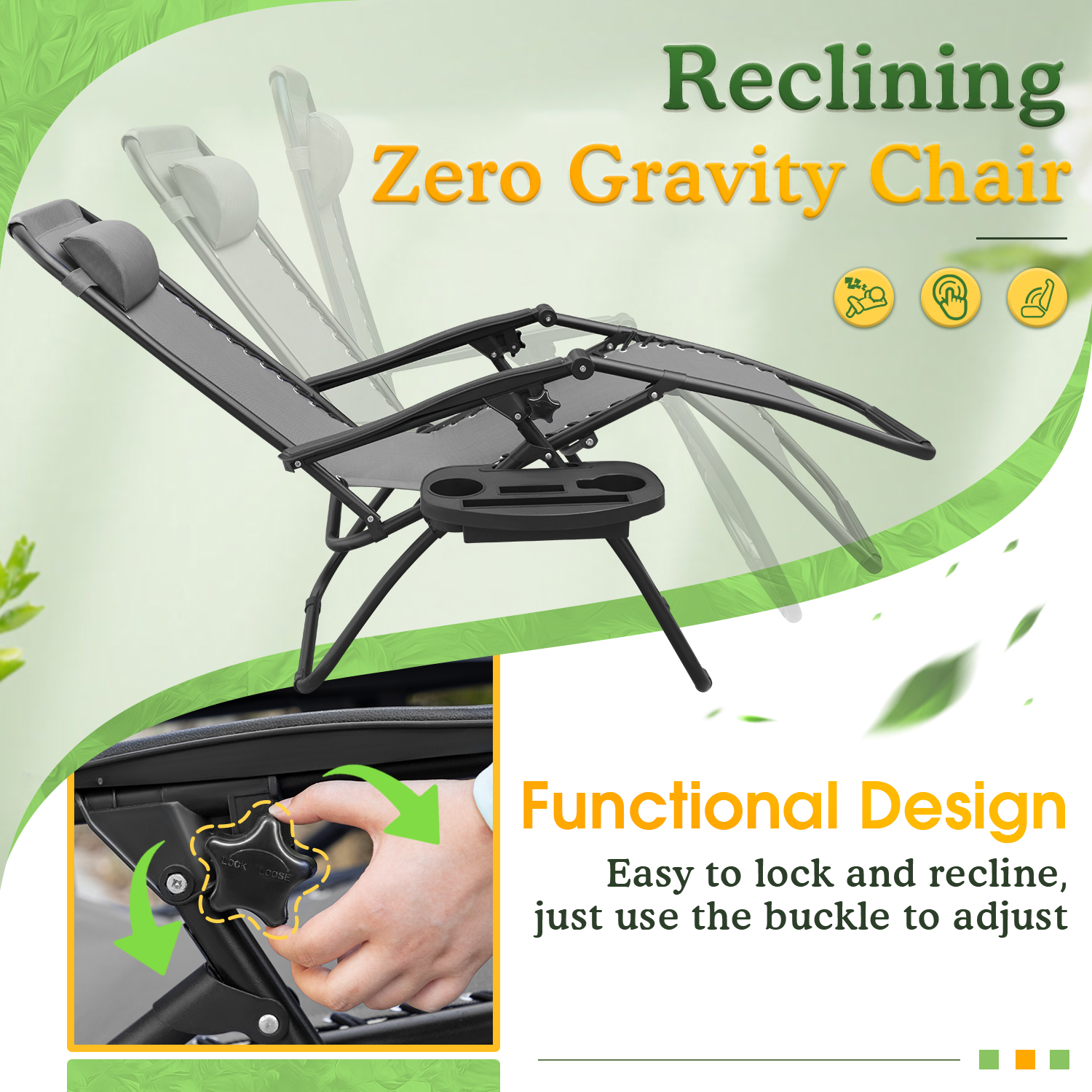 Lacoo Zero Gravity Reclining Outdoor Lounge Chair for 2 with Adjustable Pillow, 2 Pack, Gray - image 3 of 7
